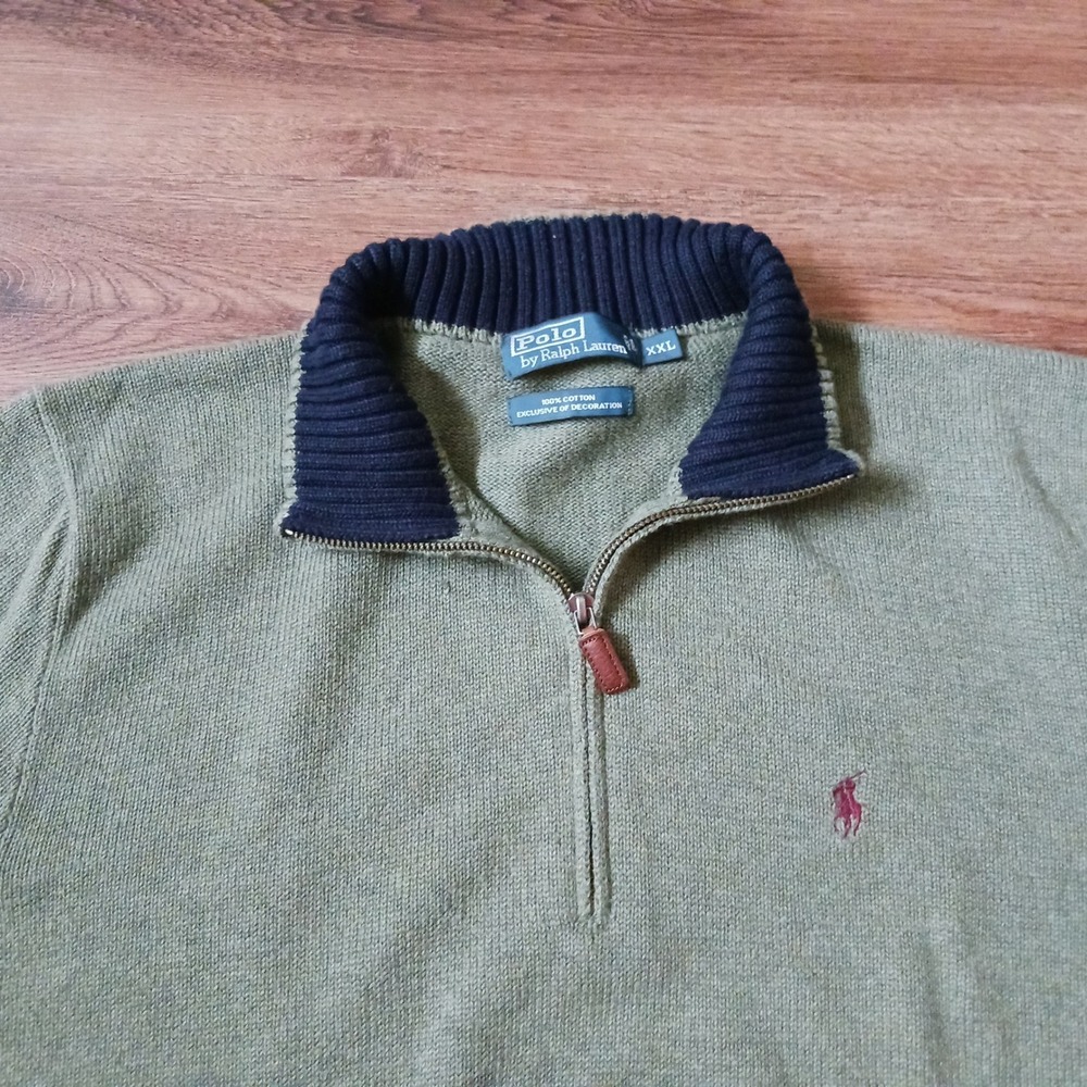 Polo‎ Ralph Lauren Mens XXL Quarter Zip Sweater Olive Green Cotton Knit Pullover